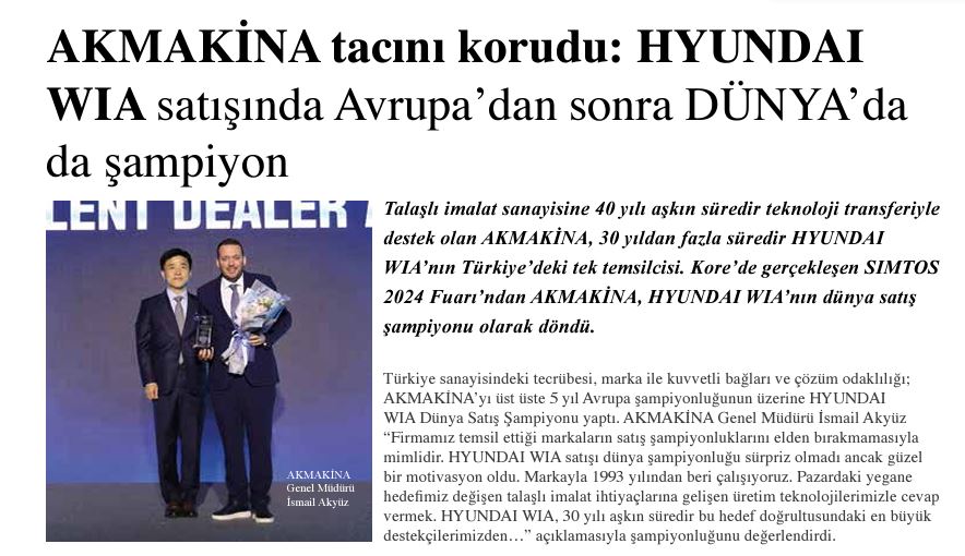 AKMAKİNA tacını korudu: HYUNDAI WIA satışında Avrupa’dan sonra DÜNYA’da da şampiyon
